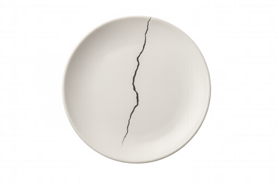 Broken white ceramic plate showing crack line representing damage, separation, failure, and fragility on transparent background