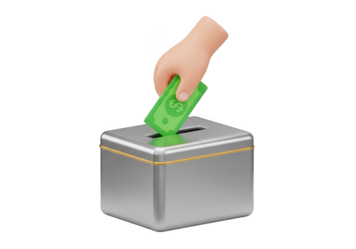 Hand putting money into a donation box isolated on transparent background