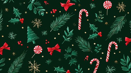Dark Green Christmas Pattern with Trees, Snowflakes, Holly Leaves and Candy Canes for Holiday Designs