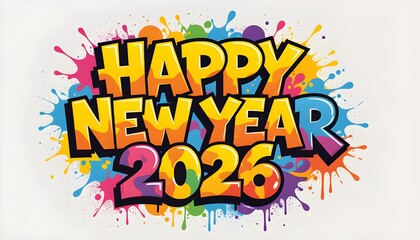 Graffiti-style "Happy New Year 2026" text with colorful paint splatters on white background in UHD