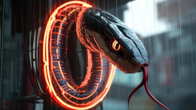 Close-up of a snake's head with a neon ring in the background, great for use in science or technology themed designs