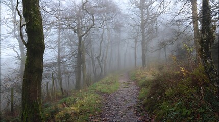 Obraz premium A path leads into a misty forest on a foggy day in the countryside