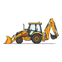 Detailed Line Art Yellow Backhoe Loader Heavy Machinery Equipment Illustration
