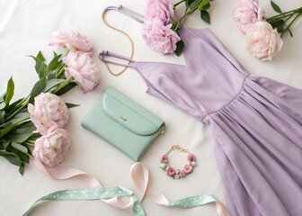 Elegant lavender dress and accessories with flowers
