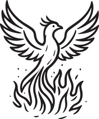 A majestic Phoenix in a monochromatic illustration, rising triumphantly from flames. Depicting themes of rebirth, transformation, and resilience.