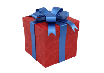 Red gift box with blue ribbon isolated on transparent background