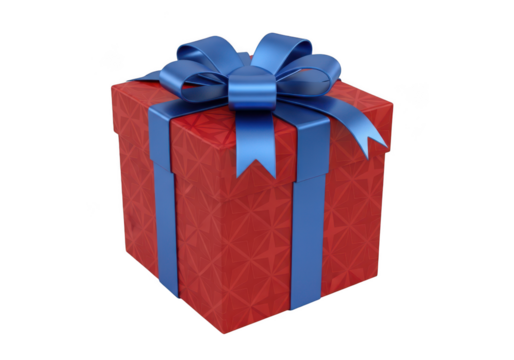 Red gift box with blue ribbon isolated on transparent background