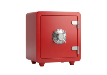 Red safe with combination lock isolated on transparent background