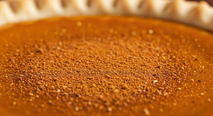 Close up view of a freshly baked pumpkin pie with a pastry crust and spice topping
