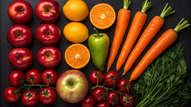 A flat lay of fresh produce including apples oranges carrots tomatoes and dill on a dark background