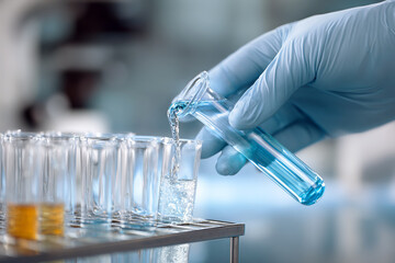 Scientist pouring blue chemical solution from test tube into glassware during laboratory experiment