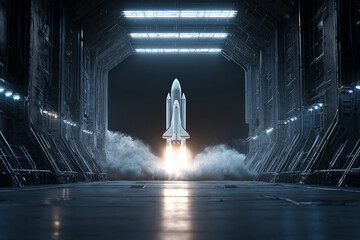 Futuristic rocket launching inside high tech hangar with glowing lights and smoke