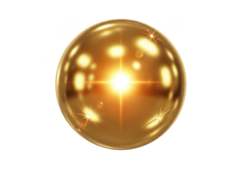 Golden sphere with bright light flare isolated on transparent background