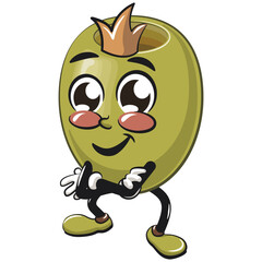 cute green olive mascot cartoon character isolated vector illustration crowned like a king while folding his arms calmly, work of hand drawn