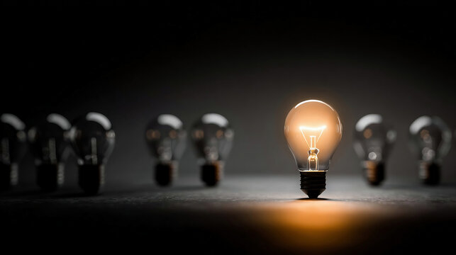 One of Lightbulb glowing among shutdown light bulb in dark area with copy space for creative thinking , problem solving solution and outstanding concept