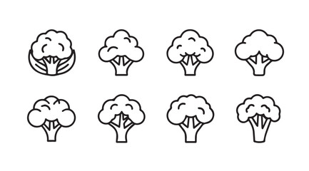 Collection of eight stylized broccoli icons fresh healthy food elements isolated graphics vector