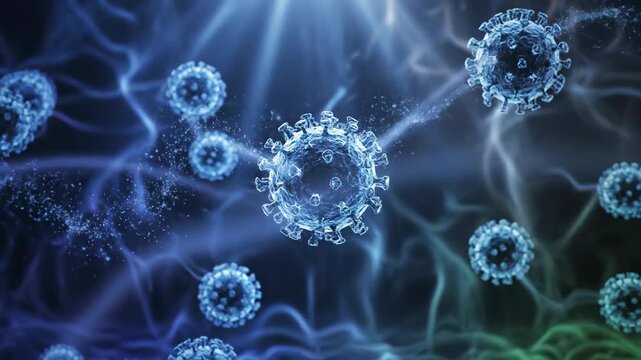 Microscopic View of Floating Virus Particles in an Abstract Blue Environment