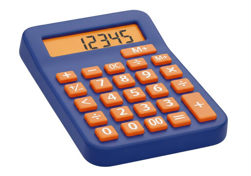 Blue calculator with orange buttons isolated on transparent background