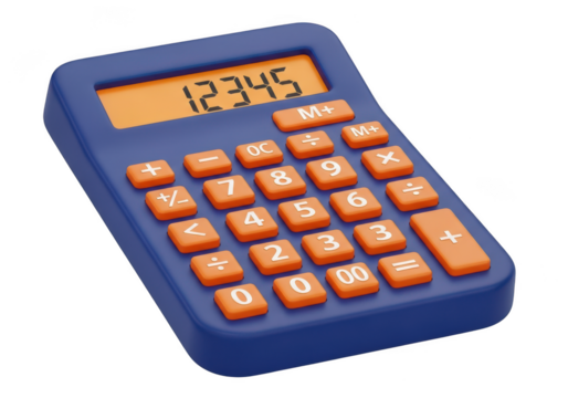 Blue calculator with orange buttons isolated on transparent background