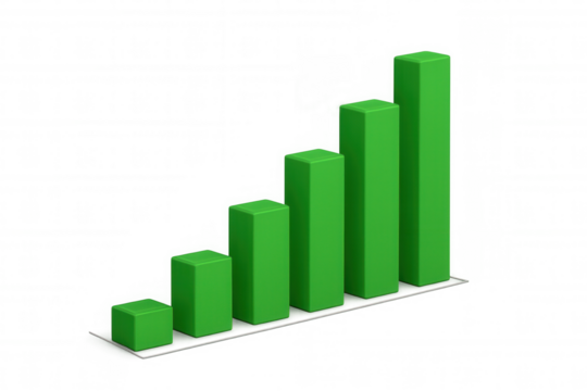 Green 3d bar chart showing continuous financial growth and positive business statistics with transparent background