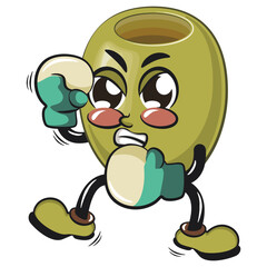 cute green olive mascot cartoon character isolated vector illustration boxing fighter wearing boxing glove, work of hand drawn
