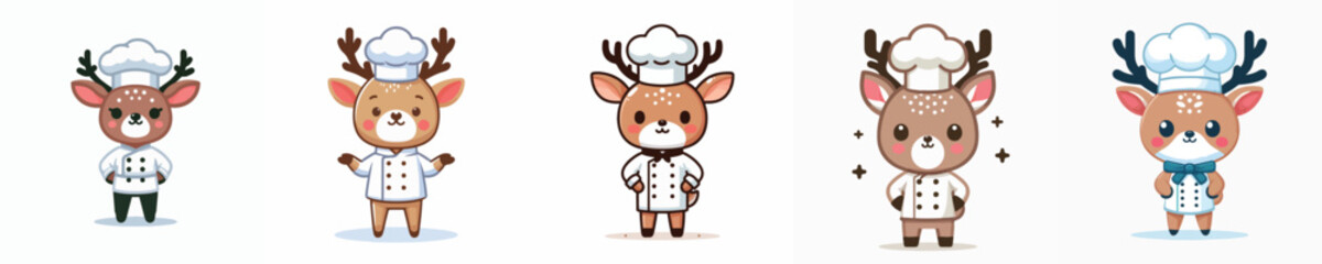 A charming set of five cartoon deer characters dressed as chefs. Cute woodland animal mascots in chef hats and uniforms for culinary concepts