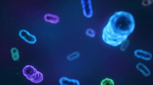 Microscopic View of Bacteria Moving on a Dark Blue Background