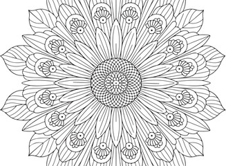 Detailed Mandala Flower with Leaves – Nature Line Art Design