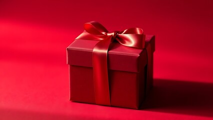 Obraz premium Elegant crimson gift box with satin ribbon, radiating a festive and luxurious atmosphere in minimalist style.