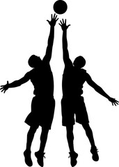 Basketball players in silhouette jumping for a rebound during a game