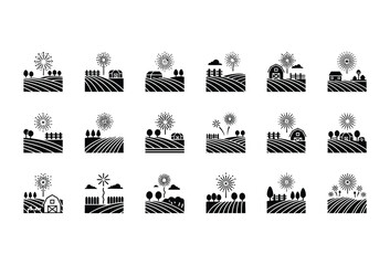 Vector illustration of vector art of set of black and white icons showing farming and agricultural activities