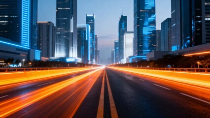 Fototapeta premium A vibrant cityscape at dusk, featuring illuminated skyscrapers and streaks of light from moving vehicles on a wide urban road.