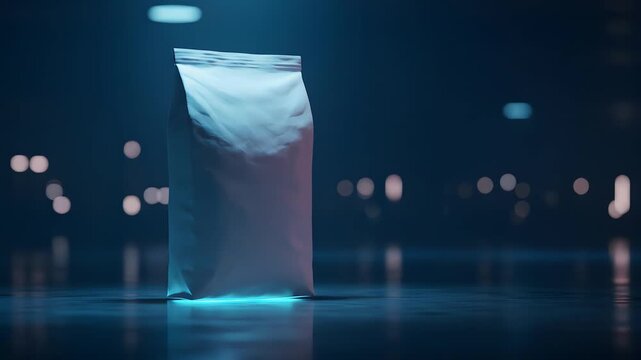 Blank White Stand-Up Pouch Mockup with Neon Lighting on Dark Reflective Surface