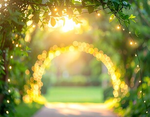 Garden Arch with String Lights at Golden Hour in Lush Backyard