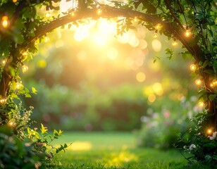 Garden Arch with String Lights at Golden Hour in Lush Backyard