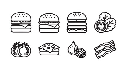 Collection of delicious burger ingredients and fast food icons for gastronomy and culinary designs vector