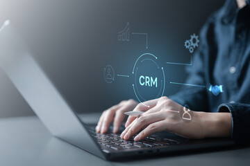 pipeline, crm, stages, deal, progress, opportunity, forecast, Hands typing on laptop with CRM digital interface showing pipeline, stages, and customer data for business management and sales strategy.