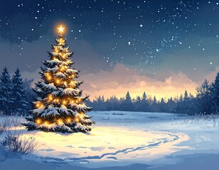Christmas Tree with Lights in Snowy Field Under Starry Winter Sky
