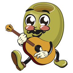 cute green olive mascot cartoon character isolated vector illustration have moustache playing guitar,, work of hand drawn
