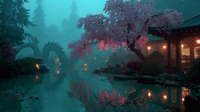 Enchanting Japanese garden with blooming cherry tree and majestic dragon statue reflecting in tranquil pond under a dreamy, serene, mystical sky