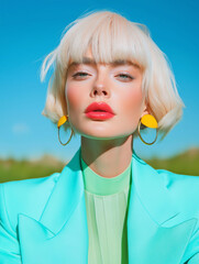 A blonde model in bold yellow earrings and mint-blue blazer poses under a bright blue sky. Bold color-block fashion with a retro touch.