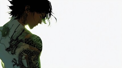 A figure with back turned, intricate dragon tattoo, head bowed, illuminated against bright, white backdrop