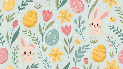 Easter themed pattern with bunnies eggs flowers and chicks on a light blue background design art