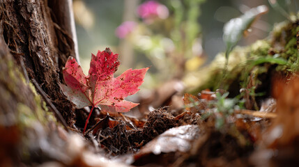 Vibrant red maple leaf rests on forest floor, surrounded by earthy textures and soft moss, capturing essence of autumn. blurred background adds depth and sense of tranquility