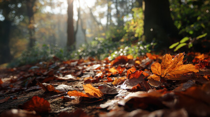 Serene forest scene with sunlight filtering through trees, illuminating vibrant autumn leaves scattered on ground, creating warm and peaceful atmosphere