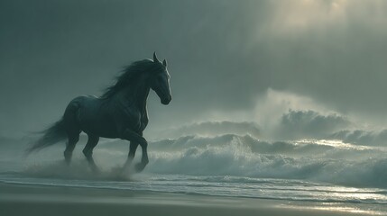 Majestic dark horse gallops powerfully through ocean waves, embodying freedom and raw natural beauty in a dramatic seascape scene, perfect for brands
