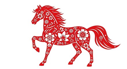 Red horse decorated with flowers isolated on white background, chinese zodiac sign