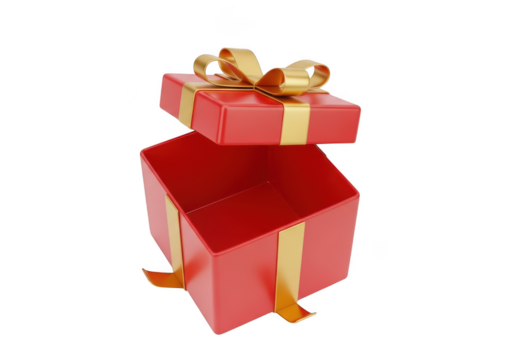 Red gift box with golden ribbon open, revealing empty interior isolated on white isolated on transparent background