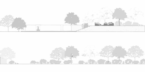 Architectural elevation and landscape design of a modern minimalist house surrounded by trees and plants