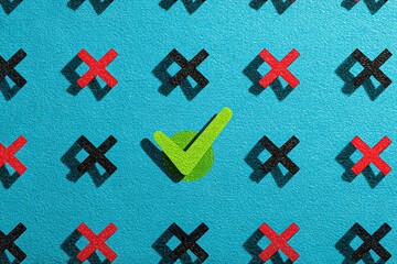 Fototapeta premium ​Approval and Selection Concept, single green checkmark standing out among black and red crosses on teal background, flat design for correct choice, validation UI, and success notification.